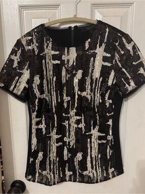 BCBGMAXAZRIA Black Sequin Abstract Print Short Sleeve Blouse Top